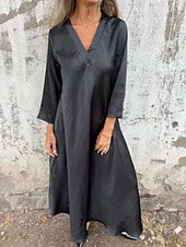 abordables concevoir des robes en coton et lin-Femmes Robe Longue Maxi Robe Robes en polycoton et lin texturé Robe Décontractée Robe d&#039;été Classique Moderne Quotidien Week-end Coupe régulière Uni Manche 3/4 Col en V Noir Marron clair Grise Été