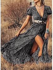 tanie Sukienki boho-Damskie Sukienka maxi Codzienne sukienki Elegancki Dopasowana Nadruk Krótki rękaw W serek Niebieski Fioletowy Brązowy Zielony Lato