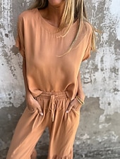 cheap Sets-Women&#039;s Active Basic Cotton Linen Sets Short Sleeve Crew Neck Solid Color Ruffle Casual Daily Black Army Green Orange Summer Regular Fit
