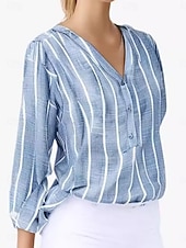 voordelige Dames Strepen &amp; Geometrische Tops-Dames Overhemd Gestreept Stijlvol Casual Lange mouw V-hals Normale tops Dagelijks Afdrukken Wit blauw Grijs Licht Blauw Zomer Lente