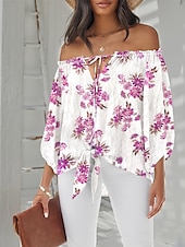 billige Blomstrete topper-Dame Sommertopper Blomster Fritid 3/4 ermer Puffermer Rullekrage Vanlige topper Daglig Lapper Rosa Blå Grønn Sommer
