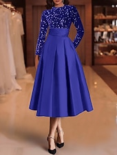 economico Abiti da cocktail-Abiti da cocktail A-line in paillettes elegante abito invitata a matrimonio lunghezza tè maniche lunghe scollo a gioiello in raso con pieghe abiti Derby 2025