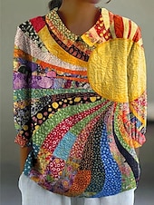 preiswerte Damen Streifen- und geometrische Oberteile-Damen Hemd Grafik Geometrisch Bohemien Täglich Stilvoll Langarm Hemdkragen Normale Oberteile Täglich Knöpfe Druck Gelb Blau Khaki Sommer Frühling