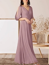 preiswerte Bodenlänge-A-Linie Brautmutterkleid Hochzeitsgast Elegant V Ausschnitt Bodenlang Chiffon Halbarm mit Raffung 2025
