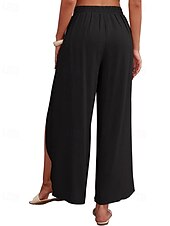abordables Pantalón liso de lino y algodón-Mujer Pantalones de lino y algodón pantalones Casual Longitud total Cintura Media Plano Cintura elástica Separado Al Aire Libre Cómodo Festivos Ropa Cotidiana Fin de semana Albaricoque PEC Celeste