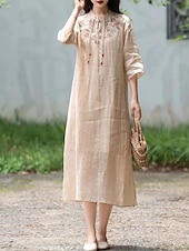 ieftine Rochii-Pentru femei Rochii Midi Rochie din in bumbac Rochie florala Modă Modern Vacanță Zilnic Concediu Fit regulat Floare Manșon Jumate Guler de stand Roz Îmbujorat Albastru piscină Trifoi Caisă Vară