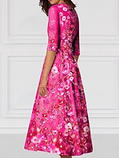 economico Abiti da cocktail-Abito da Cocktail A-Line Floral Elegante Abito Formale Matrimonio Lungo fino alla Caviglia Mezza Manica V Neck Abito Rosa Stretch Crepe con Ricamo e Tasca