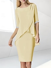 preiswerte Teelänge-Strandhochzeit Etuikleid Mutter der Braut Kleid Hochzeitsgast Eleganter Juwelenausschnitt Teelänge Chiffon halblangärmelig mit Perlen-Raffung