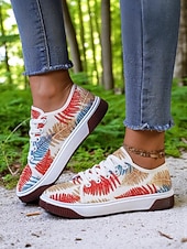 billiga Damsneakers-Färgglada damsneakers med lövtryck – avslappnade snörskor för naturälskande kvinnor, perfekta för promenader utomhus och vardagsbruk