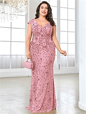 cheap BLUE-Mermaid / Trumpet Plus Size Dresses Elegant Curve Dress Formal Wedding Floor Length Short Sleeve V Neck Lace Backless with Sequin