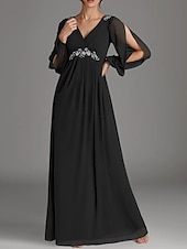 cheap Floor Length-A-Line Mother of the Bride Dress Wedding Guest Elegant V Neck Floor Length Chiffon Long Sleeve with Beading Appliques Ruching
