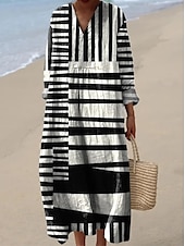 cheap Stripe&amp;Geometric Dress-Women&#039;s Midi Dress Sundress A Line Dress Vacation Casual Boho Going out Beach Graphic Geometric Stripe Long Sleeve V Neck Black Yellow Dark Pink Blue Summer Spring