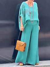 economico Abiti da donna con camicetta-Per donna Attivo Camicie di cotone e lino Blusa Set di Pantaloni Mezza Manica Scollo a V Stampa Stampato Vacanza Ferie Blu marino Viola Marrone Estate Vestibilità regolare