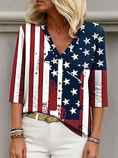 cheap Independence Day Top-Independence Day Women&#039;s Patriotic Fourth of July Blouse Graphic Flag Elegant Stylish Casual 3/4 Length Sleeve V Neck Regular Tops Daily Holiday Going out Print Navy Blue Summer Spring