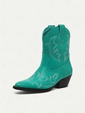 levne Cowboy &amp; Western Boots-Dámské tyrkysové kovbojské boty z umělé kůže, westernové, s vyšívanou špičatou špičkou, do poloviny lýtek, vhodné pro outfity ve venkovském stylu, rodea a venkovní akce.