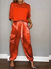 economico Abiti da donna con camicetta-Completo da Donna di 2 Pezzi Moda Streetwear Pantaloni Giornalieri Manica 3/4 Collo Rotondo Colore Solido Casual Giornaliero Nero Bianco Rosso Estate Vestibilità Regolare