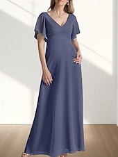 preiswerte Bodenlänge-A-Linie Brautmutterkleid Hochzeitsgast Elegant Süß V Ausschnitt Bodenlang Chiffon Kurzarm mit Raffung 2025