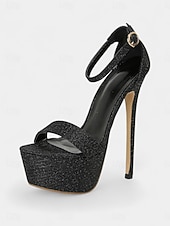 halpa Platta Sandalet-naisten mustat glitter-korkokengät - peep-toe-nilkkaremmillä varustetut juhlakengät yöelämään ja klubitapahtumiin