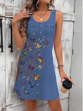 preiswerte Blumenkleider-Damen Minikleid Sommerkleid A Linie Kleid Urlaub Lässig Täglich Normale Passform Blumen Grafik Ärmellos U-Ausschnitt Blau Dunkelblau Sommer