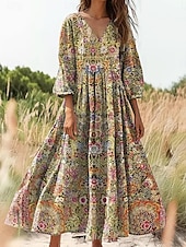 levne Boho šaty-Dámské Maxi šaty Letní šaty Áčkové šaty Plisované šaty prázdniny Na běžné nošení Cikánský Denní Dovolená Jdeme ven Volný Květinový Grafika 3/4 délka rukávu Do V Žlutá Fialová Oranžová