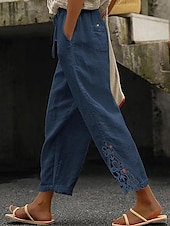 abordables Pantalon uni en coton et lin-Femmes Pantalon texturé en polycoton et lin Pantacourt Mode Streetwear Confort Longueur cheville Taille Moyenne Uni Dentelle Confortable Rue Tenue quotidienne Sortir Noir Blanche Bleu Vert Été Coupe