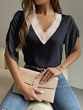 preiswerte Damen Einfache Oberteile-Damen Bluse Einfach Stilvoll Basic Lässig Kurzarm V Ausschnitt Normale Oberteile Täglich Spitze Patchwork Knöpfe Schwarz Rosa Blau Sommer