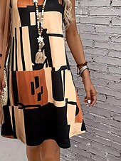 cheap Stripe&amp;Geometric Dress-Women&#039;s Mini Dress Sundress A Line Dress Summer Dress Vacation Casual Regular Fit Graphic Geometric Color Block Sleeveless U Neck Light Brown Blue Summer Spring