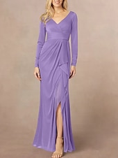 abordables Longueur du plancher-Sirène / Trompette Robe de Mère de Mariée  robe demoiselle d honneur Élégant Col en V Longueur au sol Chiffon manche longue avec Volants Devant Fendu Fronces 2025