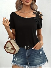 preiswerte Einfarbiges T-Shirt-Damen T Shirt Einfach Mode Modern Lässig Kurzarm V Ausschnitt Normale Oberteile Täglich Wochenende Patchwork Bestickt Schwarz Weiß Braun Grün Sommer Frühling