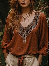 billige Kvinne Boho Topper-Dame Bluse Blomstret Grafisk Geometrisk Bohem Årgang Tropisk 3/4 ermer V-hals Vanlige topper Rynket Trykt mønster Rødbrun Sommer Vår