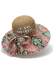 cheap Women&#039;s Hats-Women&#039;s Wide Brim Straw Sun Hat with Colorful Ethnic Print Bow – Boho Style Foldable Beach Hat for Summer Travel and Vacation
