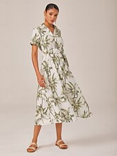 voordelige Vakantiejurken-Dames Vrouw Shirtjurk Casual jurk Jurk met print Halflange jurk Groen Korte mouw Blad Planten Palmboom Zak Omgord Afdrukken Zomer Lente Herfst Overhemdkraag Vakantie XS S M