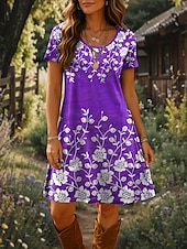 preiswerte Blumenkleid-Damen Minikleid T-Shirt-Kleid A Linie Kleid Sommerkleid Urlaub Lässig Strand Täglich Ausgehen Strand Normale Passform Blumen Grafik Kurzarm Rundhalsausschnitt Rote Blau Purpur Grün Sommer Frühling