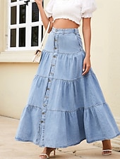 economico Gonne semplici-Per donna Gonna Gonna longuette in jeans Casual Boho Maxi Vita media Gonne Semplice Arricciato Tasca Micro-elastico Vacanza Casual Quotidiano Azzurro cielo Estate Denim