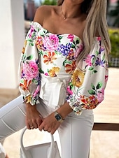 preiswerte Damen Grafik Tops-Damen Boho-Hemd Bluse Blume Modern Boho Langarm Schulterfrei Normale Oberteile Täglich Ausgehen Druck Erröten Sie Rosa Rosa Wein Rote Purpur Sommer