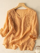ieftine Cămăși-Cămașă de damă din bumbac și in, model floral, simplu, etnic, casual, mânecă 3/4, decolteu în V, croială regulată, topuri, zi de zi, brodat, galben, albastru marin, violet, portocaliu, caisă, vară