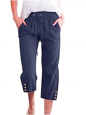 baratos Calça de linho de algodão simples-Mulheres Calças de linho de algodão Calças Capri Calças Moda Roupa de rua Comprimento da panturrilha Natural Tecido Bolsos Design de cordão elástico Confortável Exterior Rua Para Noite clarete Azul