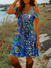 preiswerte Kunst &amp; Design Kleider-Damen Minikleid A Linie Kleid Sommerkleid Urlaub Lässig Täglich Ferien Normale Passform Grafik Abstrakt Kurzarm V Ausschnitt Rote Blau Grün Sommer