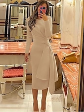 economico Abiti da cocktail-Abiti da cocktail scivolati per matrimoni in spiaggia abito elegante formale autunno lunghezza ginocchio manica lunga scollo gioiello tessuto elasticizzato con pieghe abiti Derby arricciati 2025