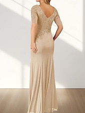 voordelige Vloerlengte-Zeemeermin  Trompet Moeder Van De Bruid Jurk Bruiloft Gast Elegante Crew Hals Vloerlengte Chiffon Halve Mouw Met Applicaties