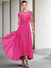 voordelige Vloerlengte-A-Lijn Moeder van de Bruid Jurk Bruidsgast Elegant Plus Size Hoog Laag V-Hals Asymmetrisch Enkel Lengte Chiffon Kant Halve Mouw met Beading Applicaties gratis maatwerk