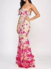 cheap PINK-Hot Pink Mermaid / Trumpet Evening Gown Elegant Dress with Stretch Crepe Jacket Semi Formal Wedding Floor Length Sleeveless Strapless Floral Embroidery Lace