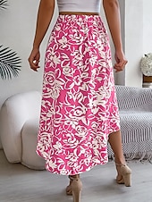 preiswerte Grafische Röcke-Damen Rock A-Linie Mode Lässig Maxi Hohe Taille Röcke Blumenmuster Rüsche Tasche Druck Mikroelastisch Straße Täglich Fuchsie Grün Hellblau Sommer Polyester