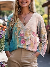 billige Blomstrete topper-Dame Bluse Blomstret Grafisk Planter Stilfull Fritid 3/4 ermer V-hals Vanlige topper Daglig Rosa Blå Grønn Sommer Vår