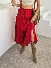 preiswerte Grafische Röcke-Damen Rock A-Linie Mode Lässig Maxi Hohe Taille Röcke Einfach Rüsche Mikroelastisch Urlaub Straße Schwarz Weiß Rote Blau Sommer Polyester