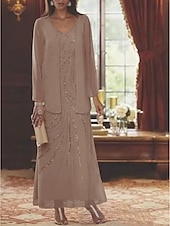 abordables Avec veste-Robe Mère de la Mariée Coupe Deux Pièces à la Plage Invité de Mariage Élégant Étincelle  Brillance Encolure en V Longueur Cheville Chiffon Sequins Manches Longues avec Sequins 2025 taille