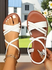 voordelige Platte Sandalen-Bruine sandalen met gevlochten bandjes voor dames – casual open teen sandalen in boho-stijl voor de zomer, voor dagelijks gebruik, strandvakanties en uitstapjes in de buitenlucht