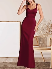 cheap Floor Length-Mermaid / Trumpet Mother of the Bride Dress Wedding Guest Elegant Minimalist V Neck Floor Length Satin Sleeveless with Ruching