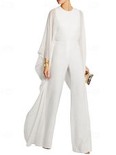 abordables Costumes-pantalons pour maman-Combinaison cape  pantalon Robe mère de la mariée Élégante Simple Minimaliste Col rond Longueur de sol Chiffon Manches 3/4 avec fronces