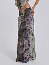 preiswerte Grafische Röcke-Damen Rock Gerade Mode Boho Maxi Mittlere Hüfthöhe Röcke Blumen Druck Mikroelastisch Straße Ausgehen Grau Sommer Polyester